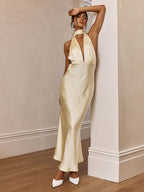 Satin Halter Maxi Dress For Women - Elegant Backless Deep V Neck Mermaid Gown With Scarf - Summer Wedding Guest 2026