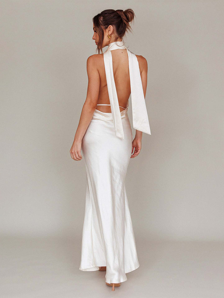 Satin Halter Maxi Dress For Women - Elegant Backless Deep V Neck Mermaid Gown With Scarf - Summer Wedding Guest 2026