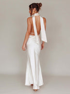 Satin Halter Maxi Dress For Women - Elegant Backless Deep V Neck Mermaid Gown With Scarf - Summer Wedding Guest 2026
