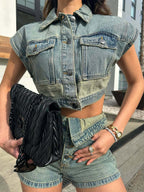 Denim 2 Piece Set For Women - Wash Blue Y2K Crop Top And Foldover Waist Shorts - Summer Streetwear 2026