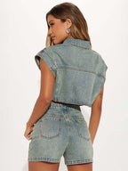 Denim 2 Piece Set For Women - Wash Blue Y2K Crop Top And Foldover Waist Shorts - Summer Streetwear 2026