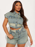 Denim 2 Piece Set For Women - Wash Blue Y2K Crop Top And Foldover Waist Shorts - Summer Streetwear 2026