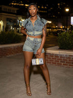 Denim 2 Piece Set For Women - Wash Blue Y2K Crop Top And Foldover Waist Shorts - Summer Streetwear 2026