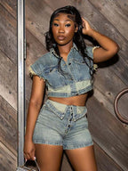 Denim 2 Piece Set For Women - Wash Blue Y2K Crop Top And Foldover Waist Shorts - Summer Streetwear 2026