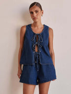 Denim 2 Piece Set For Women - Blue Casual Tie Front Sleeveless Top And Shorts Co-ord - Summer Streetwear Outfits 2026