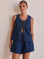 Denim 2 Piece Set For Women - Blue Casual Tie Front Sleeveless Top And Shorts Co-ord - Summer Streetwear Outfits 2026