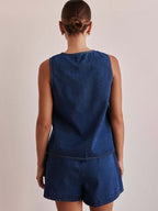 Denim 2 Piece Set For Women - Blue Casual Tie Front Sleeveless Top And Shorts Co-ord - Summer Streetwear Outfits 2026