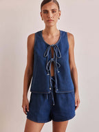 Denim 2 Piece Set For Women - Blue Casual Tie Front Sleeveless Top And Shorts Co-ord - Summer Streetwear Outfits 2026