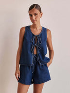 Denim 2 Piece Set For Women - Blue Casual Tie Front Sleeveless Top And Shorts Co-ord - Summer Streetwear Outfits 2026