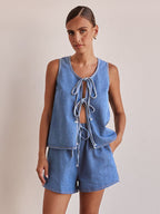 Denim 2 Piece Set For Women - Blue Casual Tie Front Sleeveless Top And Shorts Co-ord - Summer Streetwear Outfits 2026
