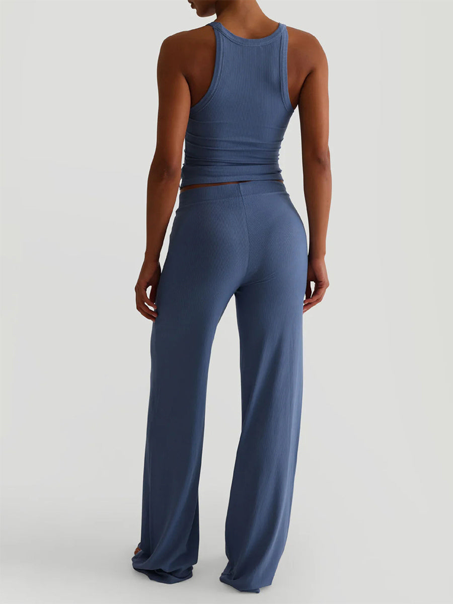 Ribbed 2 Piece Lounge Set For Women - Casual Sleeveless Tank Top And Wide Leg Pants Co-ord - Summer Relaxed Fit Outfits 2026