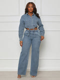 Textured Denim Two Piece Set For Women - Blue Casual Cropped Drawstring Shirt And Wide Leg Pants - Spring Streetwear 2026