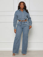 Textured Denim Two Piece Set For Women - Blue Casual Cropped Drawstring Shirt And Wide Leg Pants - Spring Streetwear 2026