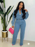 Textured Denim Two Piece Set For Women - Blue Casual Cropped Drawstring Shirt And Wide Leg Pants - Spring Streetwear 2026