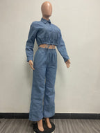 Textured Denim Two Piece Set For Women - Blue Casual Cropped Drawstring Shirt And Wide Leg Pants - Spring Streetwear 2026