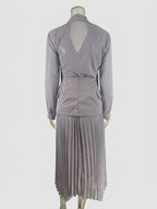 Elegant Long Sleeves Three Piece Set For Women - Chiffon Tie Neck Blouse And Waistband And Maxi Skirt - Spring Office Party 2026