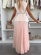 Sleeveless 2 Piece Set For Women - Old Money Belted Vest And Pleated Maxi Dress - Spring Casual Event 2026