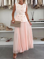 Sleeveless 2 Piece Set For Women - Old Money Belted Vest And Pleated Maxi Dress - Spring Casual Event 2026
