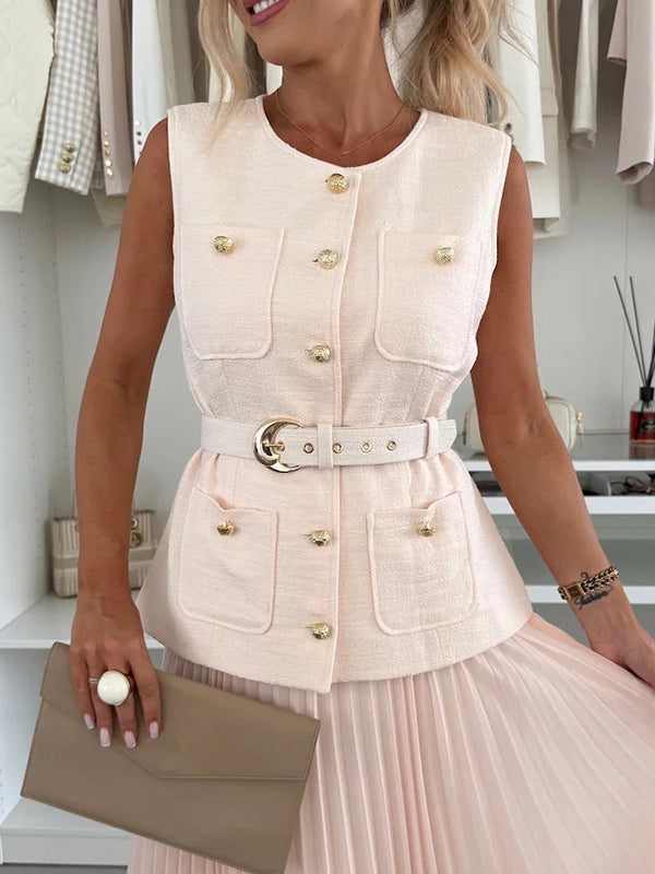 Sleeveless 2 Piece Set For Women - Old Money Belted Vest And Pleated Maxi Dress - Spring Casual Event 2026