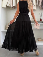 Sleeveless 2 Piece Set For Women - Old Money Belted Vest And Pleated Maxi Dress - Spring Casual Event 2026