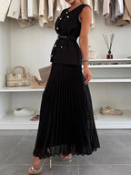 Sleeveless 2 Piece Set For Women - Old Money Belted Vest And Pleated Maxi Dress - Spring Casual Event 2026