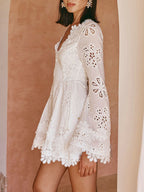 White Eyelet Lace Mini Dress For Women - Boho V Neck Long Sleeve Side Lace-up Fit And Flare Dress - Spring Resort 2026