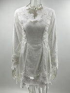White Eyelet Lace Mini Dress For Women - Boho V Neck Long Sleeve Side Lace-up Fit And Flare Dress - Spring Resort 2026