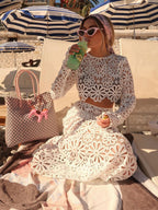 Guipure Lace Maxi Skirt Set For Women - Hollow Out Long Sleeve Crop Top & Floor Length Skirt Co-ord - Summer Beach Vacation 2026