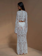 Guipure Lace Maxi Skirt Set For Women - Hollow Out Long Sleeve Crop Top & Floor Length Skirt Co-ord - Summer Beach Vacation 2026