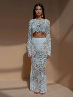 Guipure Lace Maxi Skirt Set For Women - Hollow Out Long Sleeve Crop Top & Floor Length Skirt Co-ord - Summer Beach Vacation 2026