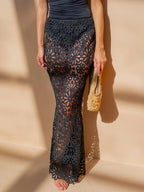 Guipure Lace Maxi Skirt Set For Women - Hollow Out Long Sleeve Crop Top & Floor Length Skirt Co-ord - Summer Beach Vacation 2026