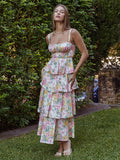 Floral Printed Ruffle Maxi Slip Dress For Women - Boho Tiered A-Line Strappy Sun Dress - Summer Beach Vacation 2026