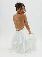 Deep V Neck Tiered Maxi Dress For Women - Satin Crisscross Backless Layered Ruffle Gown - Summer Formal Party 2026