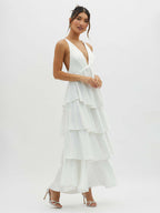 Deep V Neck Tiered Maxi Dress For Women - Satin Crisscross Backless Layered Ruffle Gown - Summer Formal Party 2026