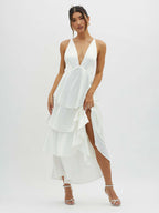 Deep V Neck Tiered Maxi Dress For Women - Satin Crisscross Backless Layered Ruffle Gown - Summer Formal Party 2026