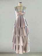 Deep V Neck Tiered Maxi Dress For Women - Satin Crisscross Backless Layered Ruffle Gown - Summer Formal Party 2026