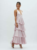 Deep V Neck Tiered Maxi Dress For Women - Satin Crisscross Backless Layered Ruffle Gown - Summer Formal Party 2026