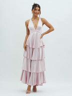 Deep V Neck Tiered Maxi Dress For Women - Satin Crisscross Backless Layered Ruffle Gown - Summer Formal Party 2026