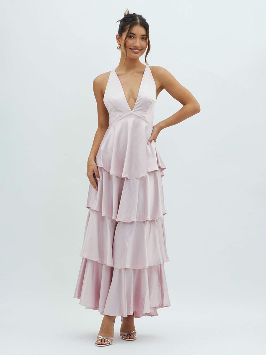 Deep V Neck Tiered Maxi Dress For Women - Satin Crisscross Backless Layered Ruffle Gown - Summer Formal Party 2026