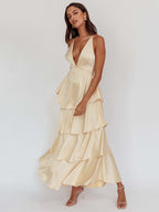 Deep V Neck Tiered Maxi Dress For Women - Satin Crisscross Backless Layered Ruffle Gown - Summer Formal Party 2026