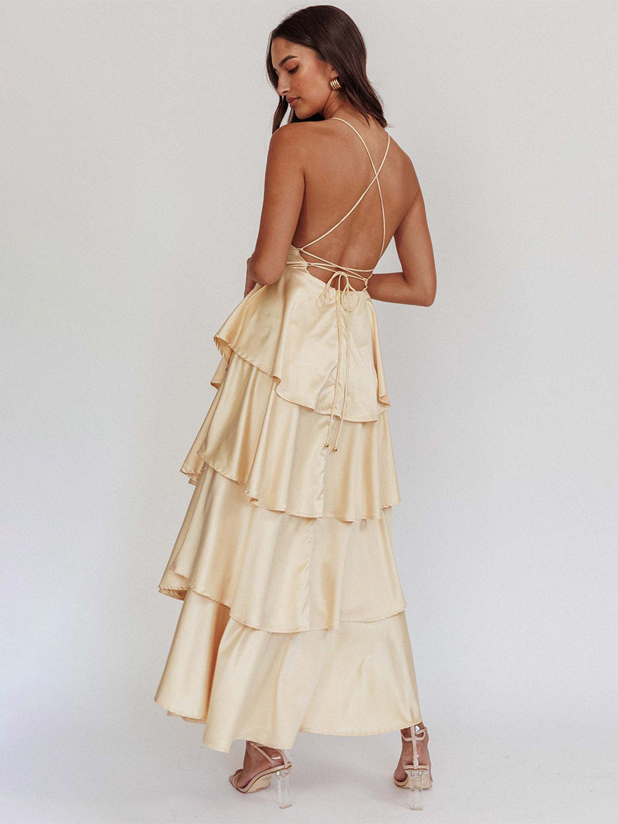 Deep V Neck Tiered Maxi Dress For Women - Satin Crisscross Backless Layered Ruffle Gown - Summer Formal Party 2026