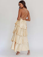 Deep V Neck Tiered Maxi Dress For Women - Satin Crisscross Backless Layered Ruffle Gown - Summer Formal Party 2026