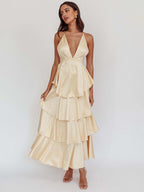 Deep V Neck Tiered Maxi Dress For Women - Satin Crisscross Backless Layered Ruffle Gown - Summer Formal Party 2026