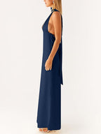 Minimalism Halter Neck Maxi Dress For Women - Elegant Backless Sleeveless Prom Gown With Scarf - Summer Formal Evening 2026