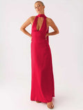 Minimalism Halter Neck Maxi Dress For Women - Elegant Backless Sleeveless Prom Gown With Scarf - Summer Formal Evening 2026