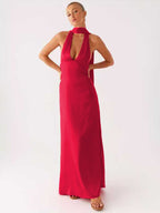 Minimalism Halter Neck Maxi Dress For Women - Elegant Backless Sleeveless Prom Gown With Scarf - Summer Formal Evening 2026