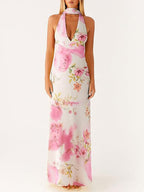 Minimalism Halter Neck Maxi Dress For Women - Elegant Backless Sleeveless Prom Gown With Scarf - Summer Formal Evening 2026