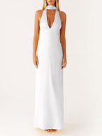 Minimalism Halter Neck Maxi Dress For Women - Elegant Backless Sleeveless Prom Gown With Scarf - Summer Formal Evening 2026