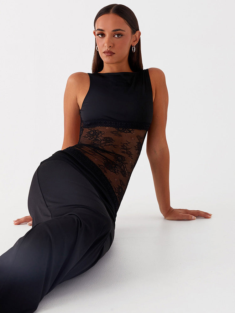 Lace Patchwork Maxi Gown For Women - Elegant Open Back Sleeveless Bodycon Long Dress - Summer Formal Evening Party 2026