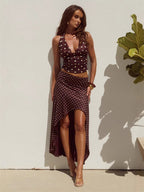 Polka Dot Two Piece Set For Women - White Halter Cowl Neck Top And Ruffled Low High Maxi Skirt - Summer Beach Vacation 2026